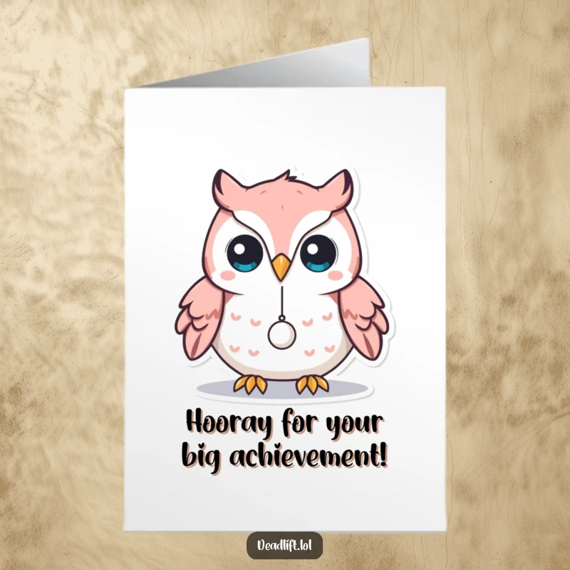 Funny Free Printable Congratulations Card: Focused Kawaii owl skillfully balancing a minuscule weight.