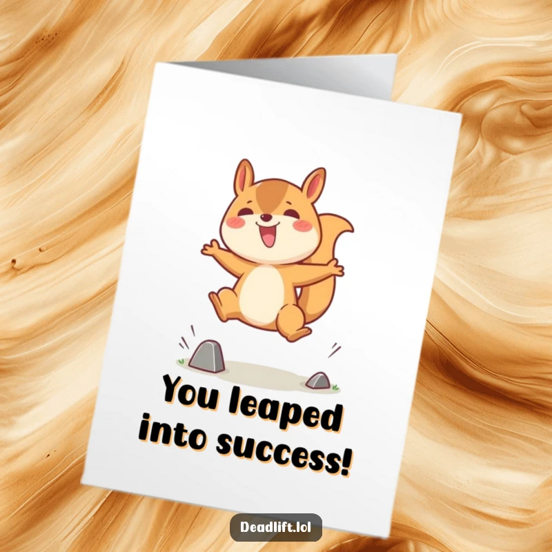 Funny Free Printable Congratulations Card: Energetic Kawaii squirrel mid-air, celebrating achievement with infectious enthusiasm.