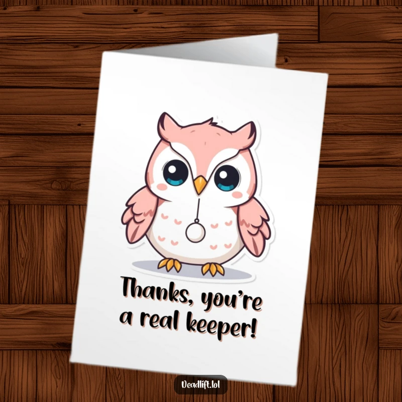 Funny Free Printable Thank You Card: Focused Kawaii owl balancing a tiny weight, showing thanks.