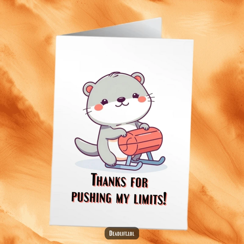 Funny Free Printable Thank You Card: Cheerful Kawaii otter happily pushing a small, weighted sled, offering thanks.