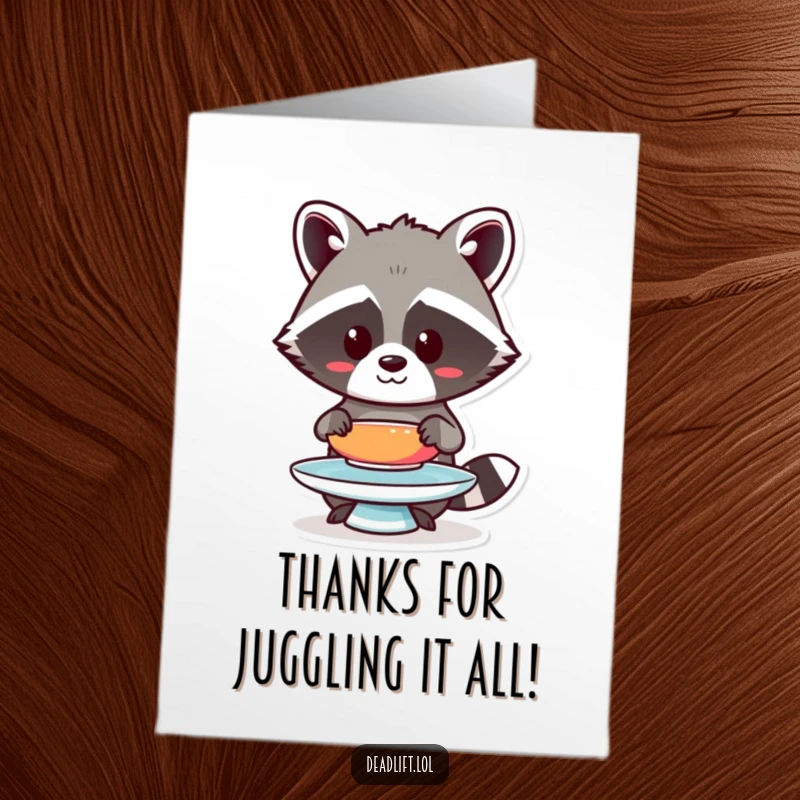 Funny Free Printable Thank You Card: Focused Kawaii raccoon carefully balancing a colorful plate, representing thoughtful thanks.