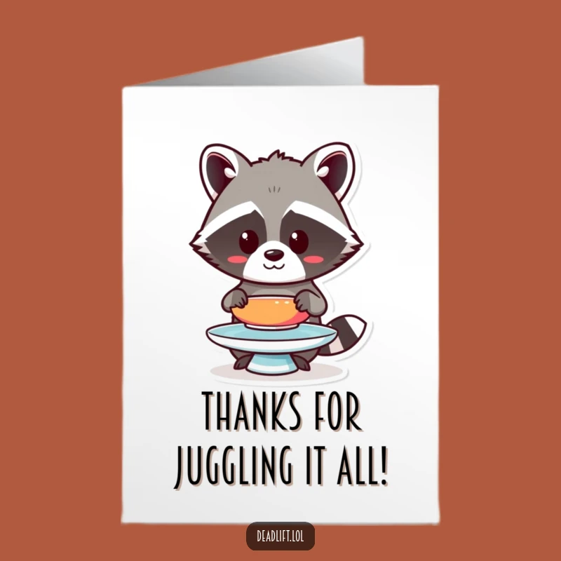 Free Printable Thank You Card: Thankful Kawaii Raccoon Balancing Plate, Downloadable