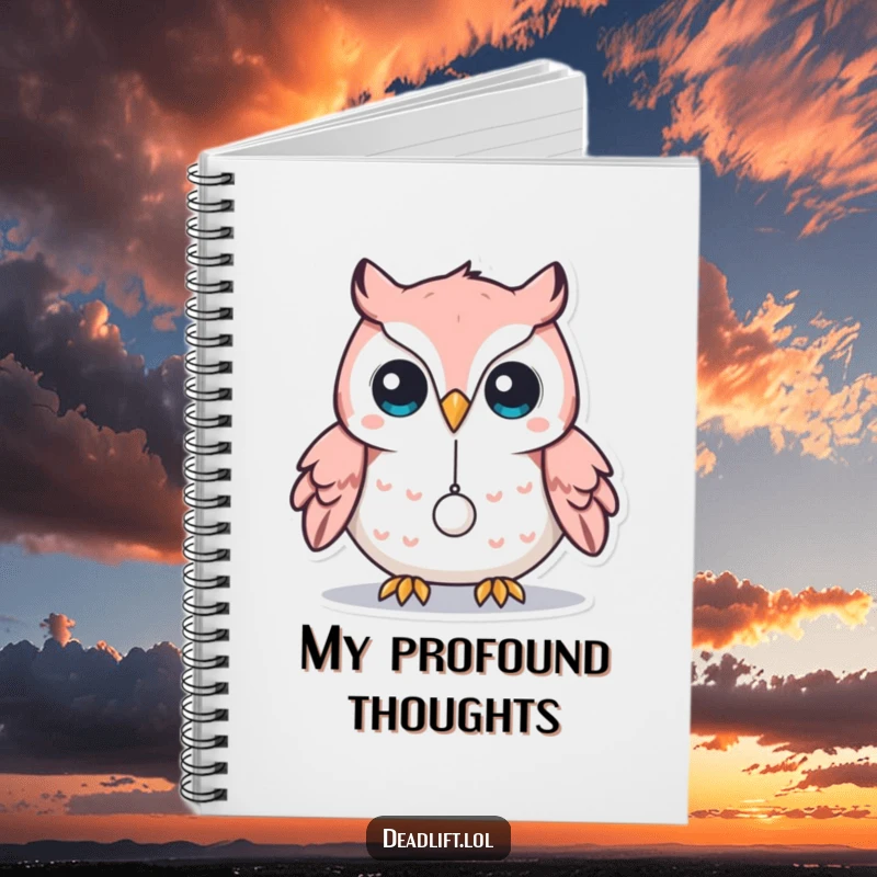 Funny Kawaii owl character balancing a tiny weight on its beak, designed for a humorous notebook cover for note-taking.