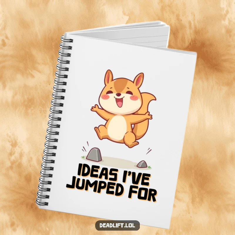 Funny notebook with a jubilant Kawaii squirrel character enthusiastically jumping over a tiny obstacle, inspiring creativity and joyful note-taking.