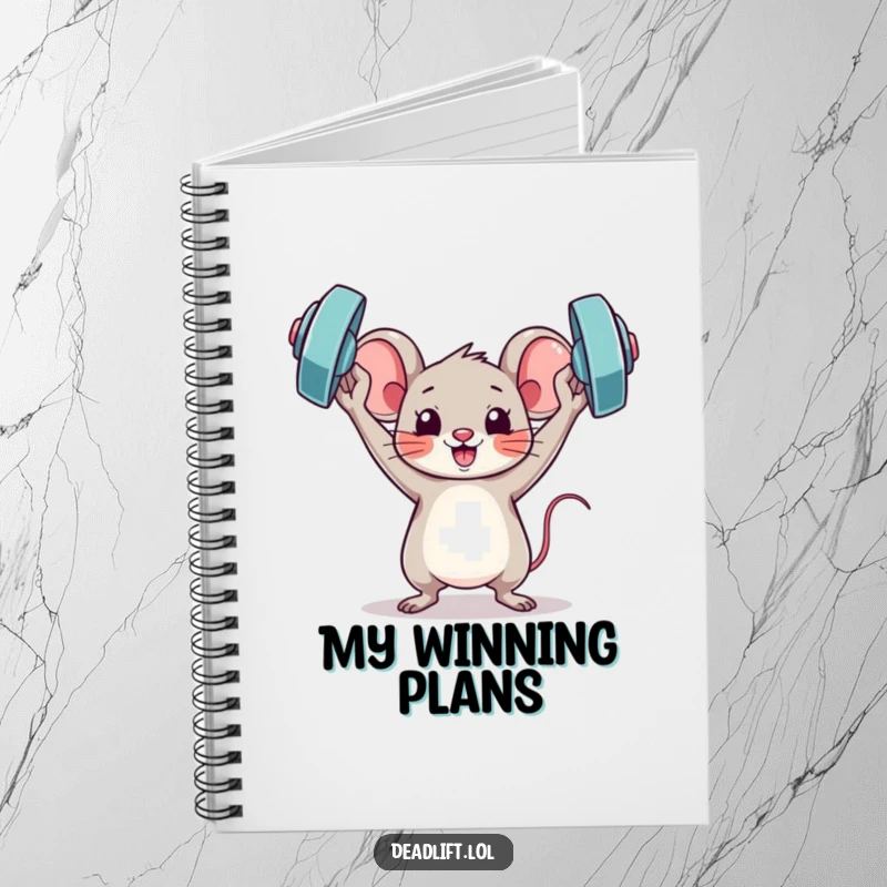 Funny Kawaii mouse character holding a miniature barbell triumphantly, designed for a humorous notebook cover for recording wins.