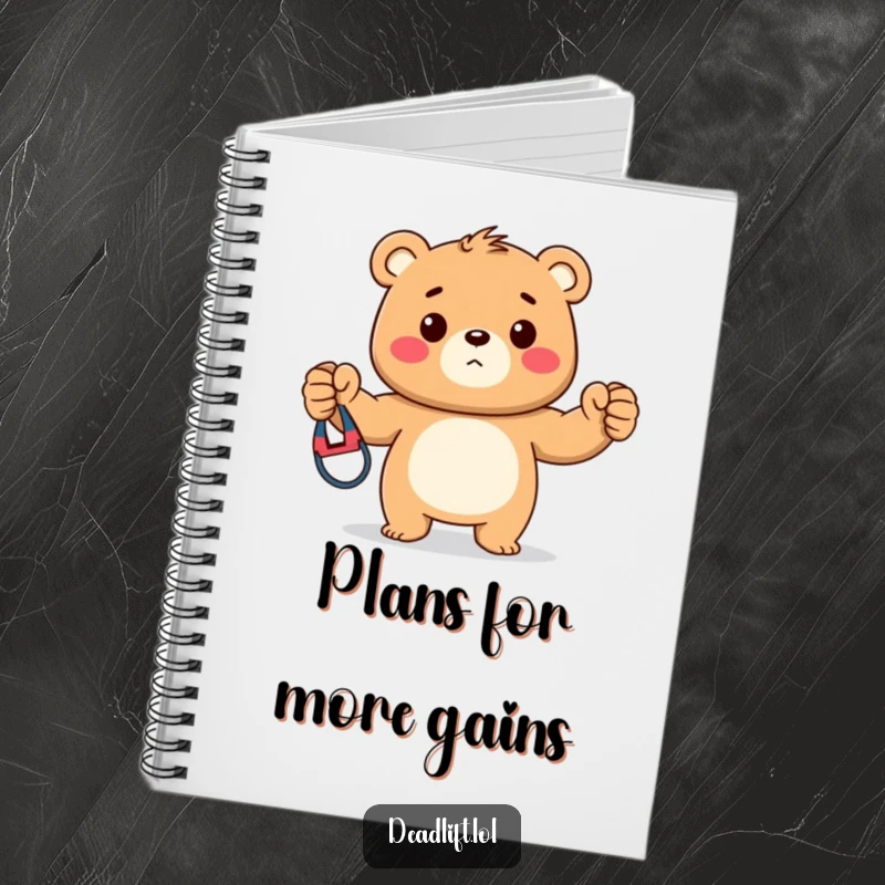 Funny notebook featuring a strong Kawaii bear cub proudly showing off a colorful resistance band, inspiring fitness tracking and motivation.