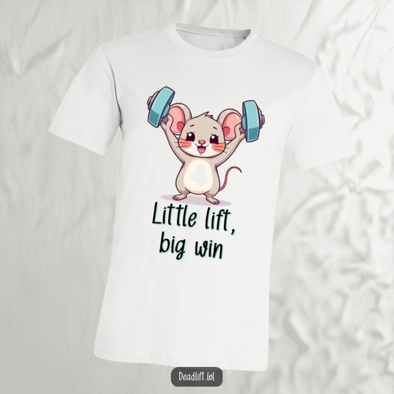 Funny Kawaii mouse character holding a miniature barbell overhead in a triumphant pose, capturing humorous victory.