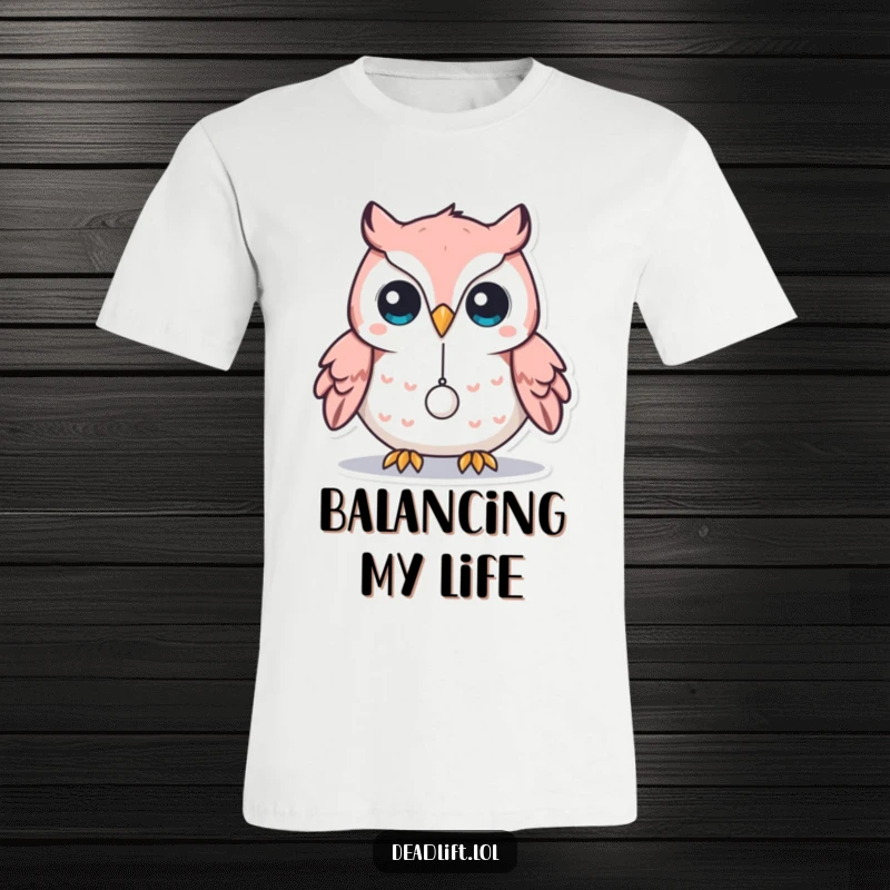 Funny Kawaii owl character delicately balancing a minuscule weight on its beak, capturing intellectual focus and humor.
