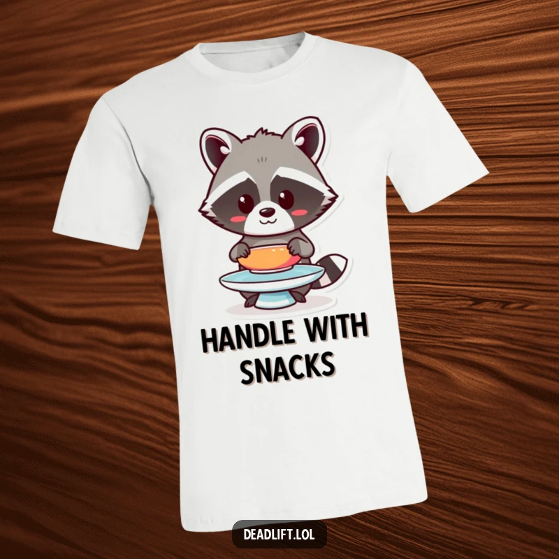 Funny Kawaii raccoon character, concentrating hard, humorously balancing a colorful plate on its nose.
