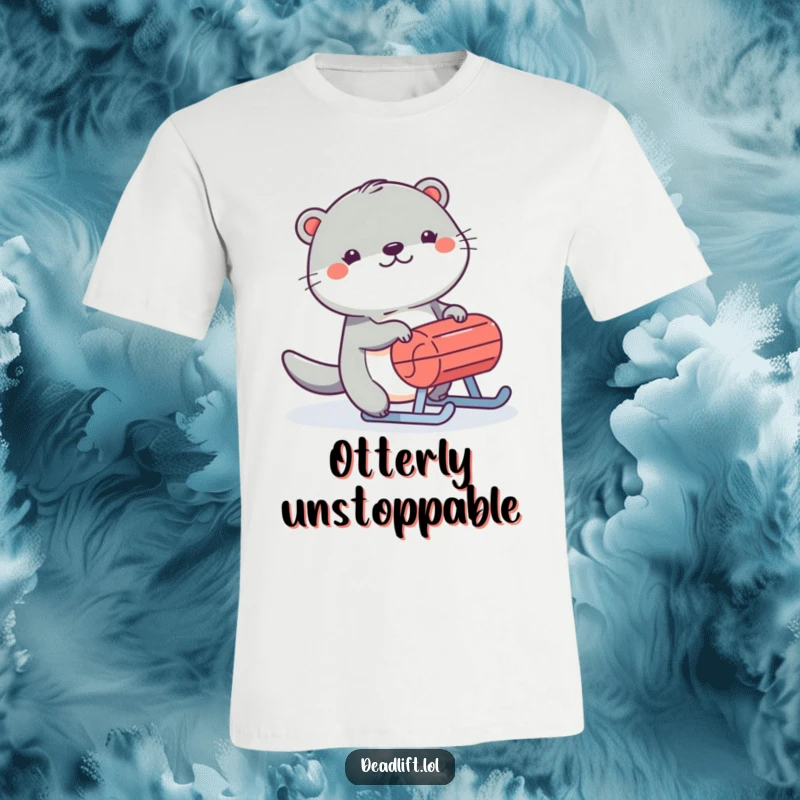 Funny Kawaii otter humorously pushing a small sled with great effort and a big smile.