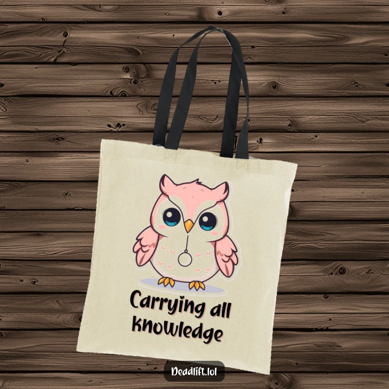 Funny Kawaii owl character balancing a tiny weight on its beak, depicted on a durable and humorous tote bag.