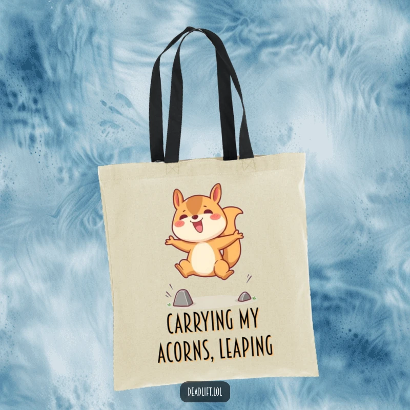 Funny tote bag featuring an ecstatic Kawaii squirrel character energetically soaring over a miniature obstacle, full of cheerful determination.