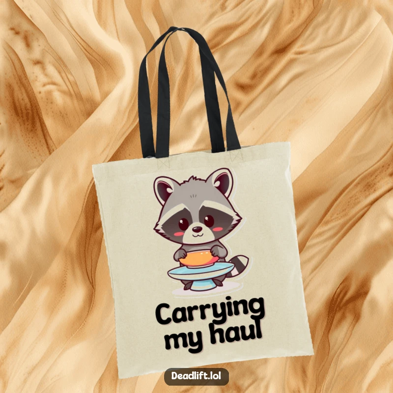 Funny Kawaii raccoon character, humorously balancing a plate, depicted on a durable and stylish tote bag.
